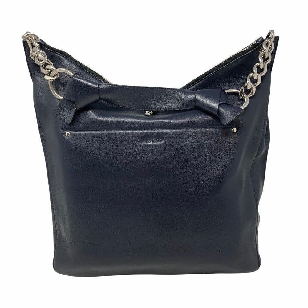 Jimmy Choo Raven Hobo Handbag Purse Black Leather Pocket Double Zipper Chain